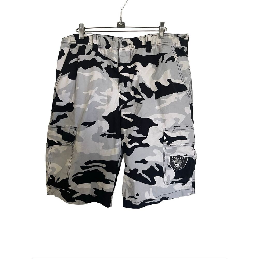 NFL Mens Black Gray Las Vegas Raiders Cotton Camouflage Cargo Shorts Size 36